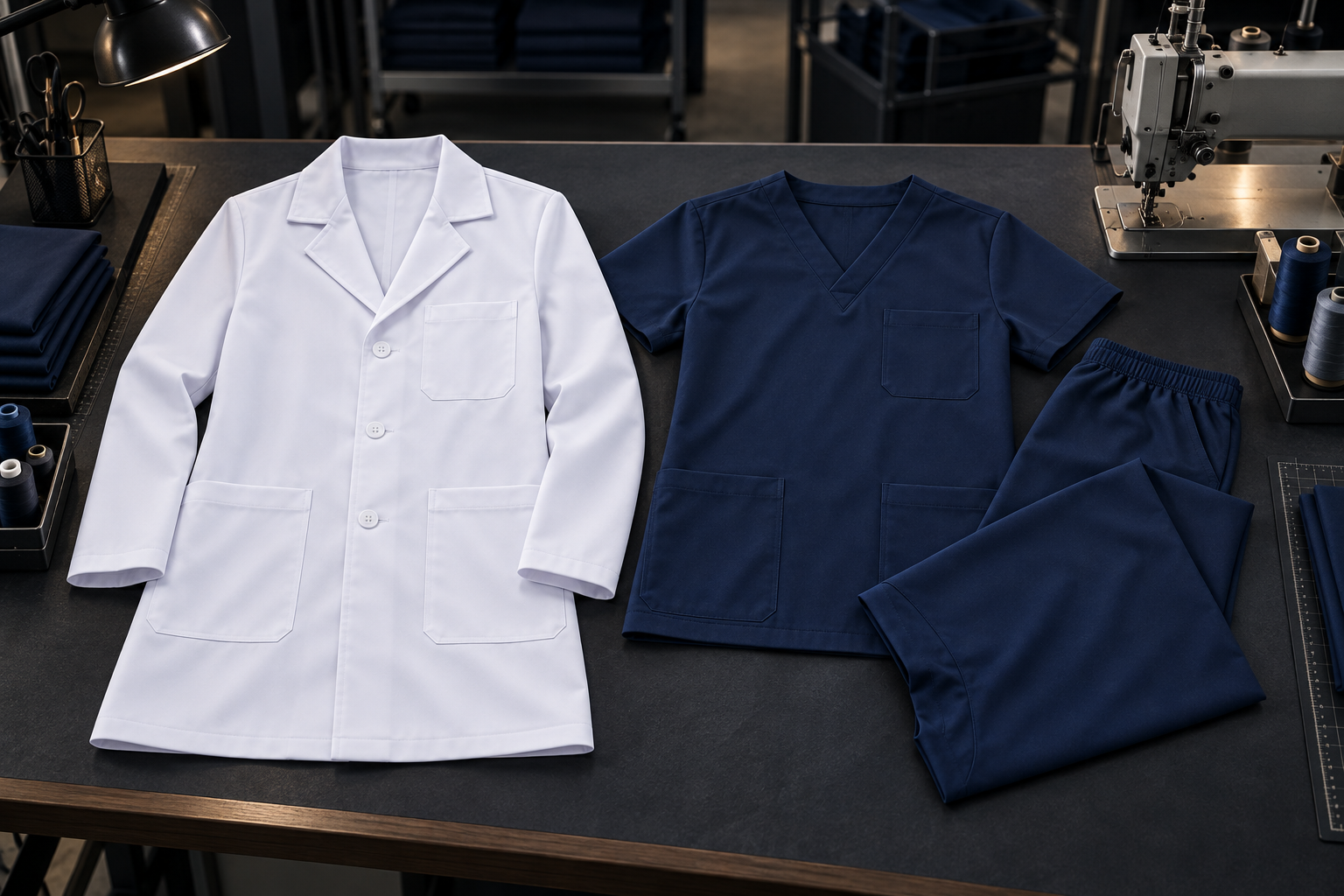 Jaleco branco e conjunto cirúrgico azul-marinho para uniformes de saúde