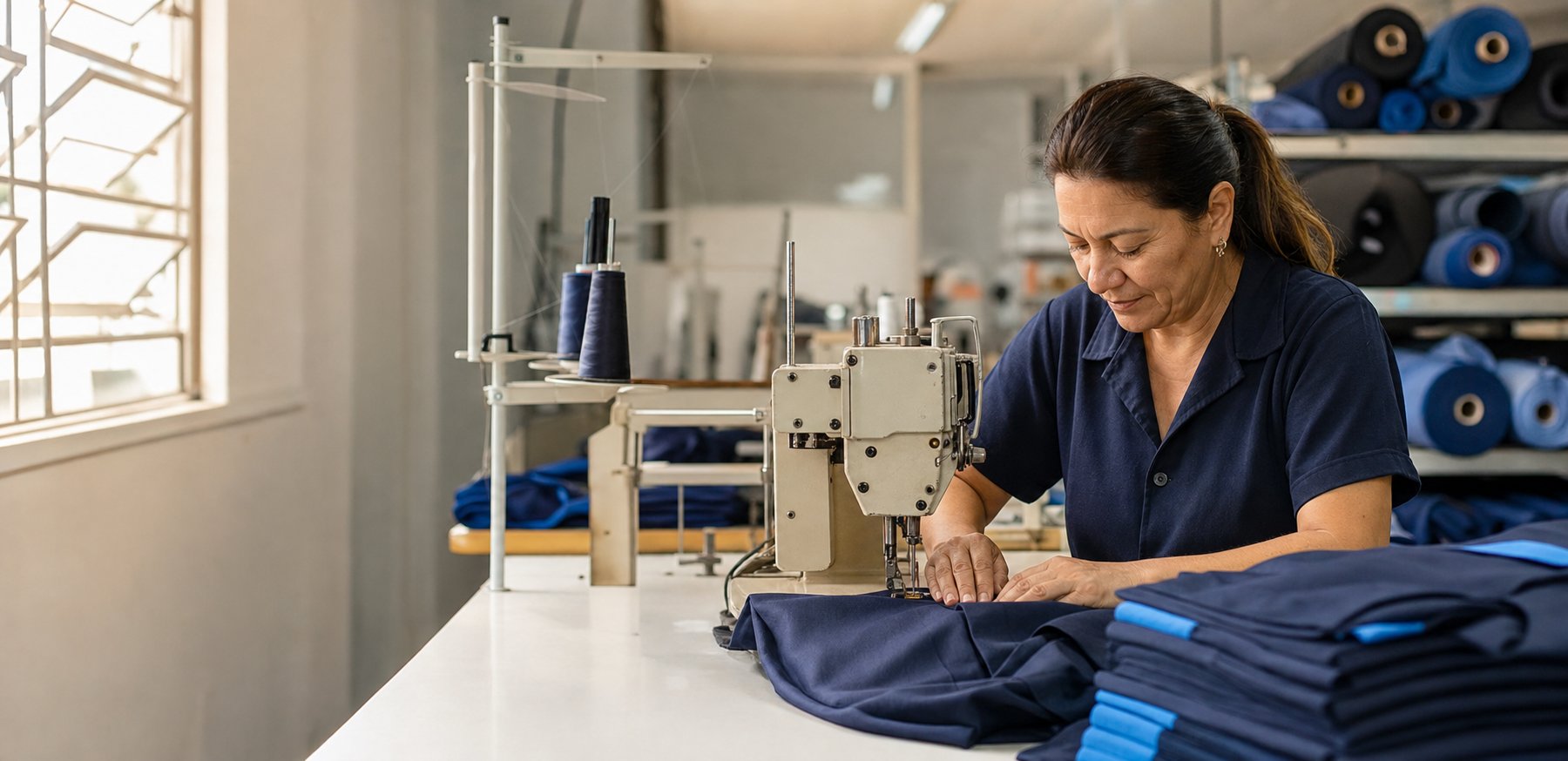 Profissional confeccionando uniformes azuis em uma oficina organizada